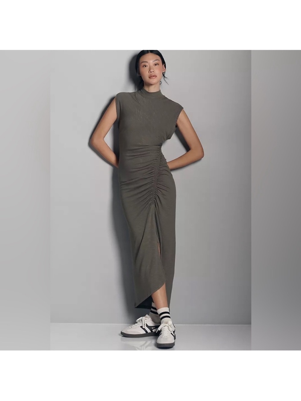 Daily Practice by Anthropologie BROWN sleeveless ruched mock neck midi dress
